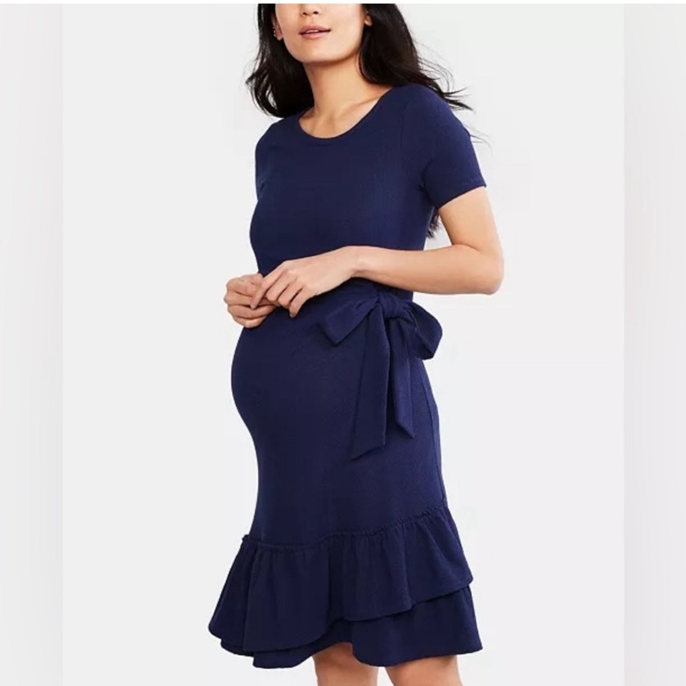 A Pea in the Pod Ruffle Hem Side Tie Maternity Dress in Blue Size M